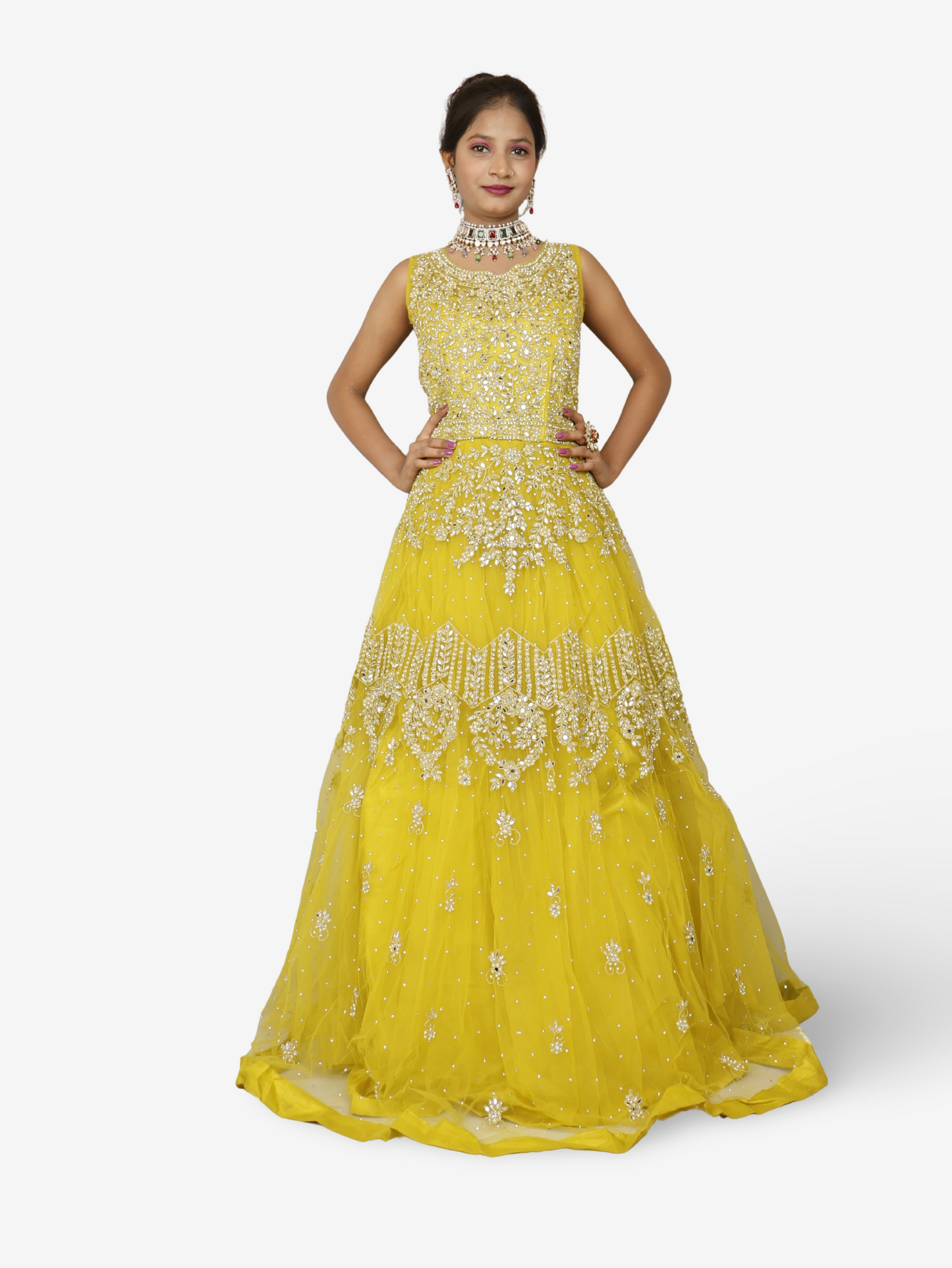 Lemon yellow gown with mirror and pearl work to soft net fabric for women by Shreekama-1