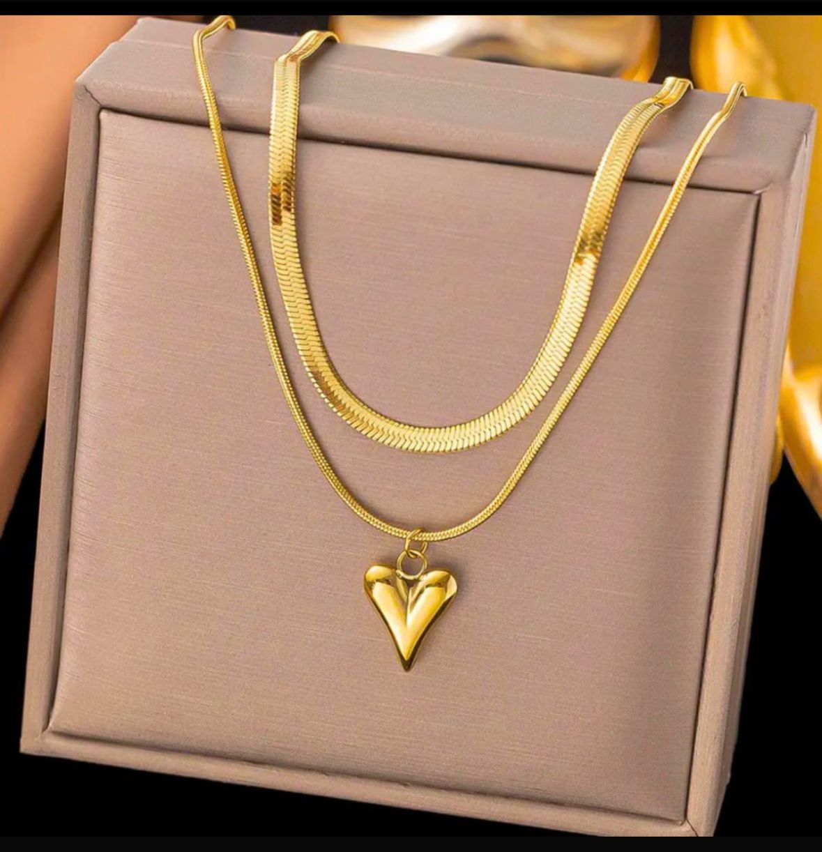 Double Layer Heart Pendant Snake Chain – Gold Finish Necklace