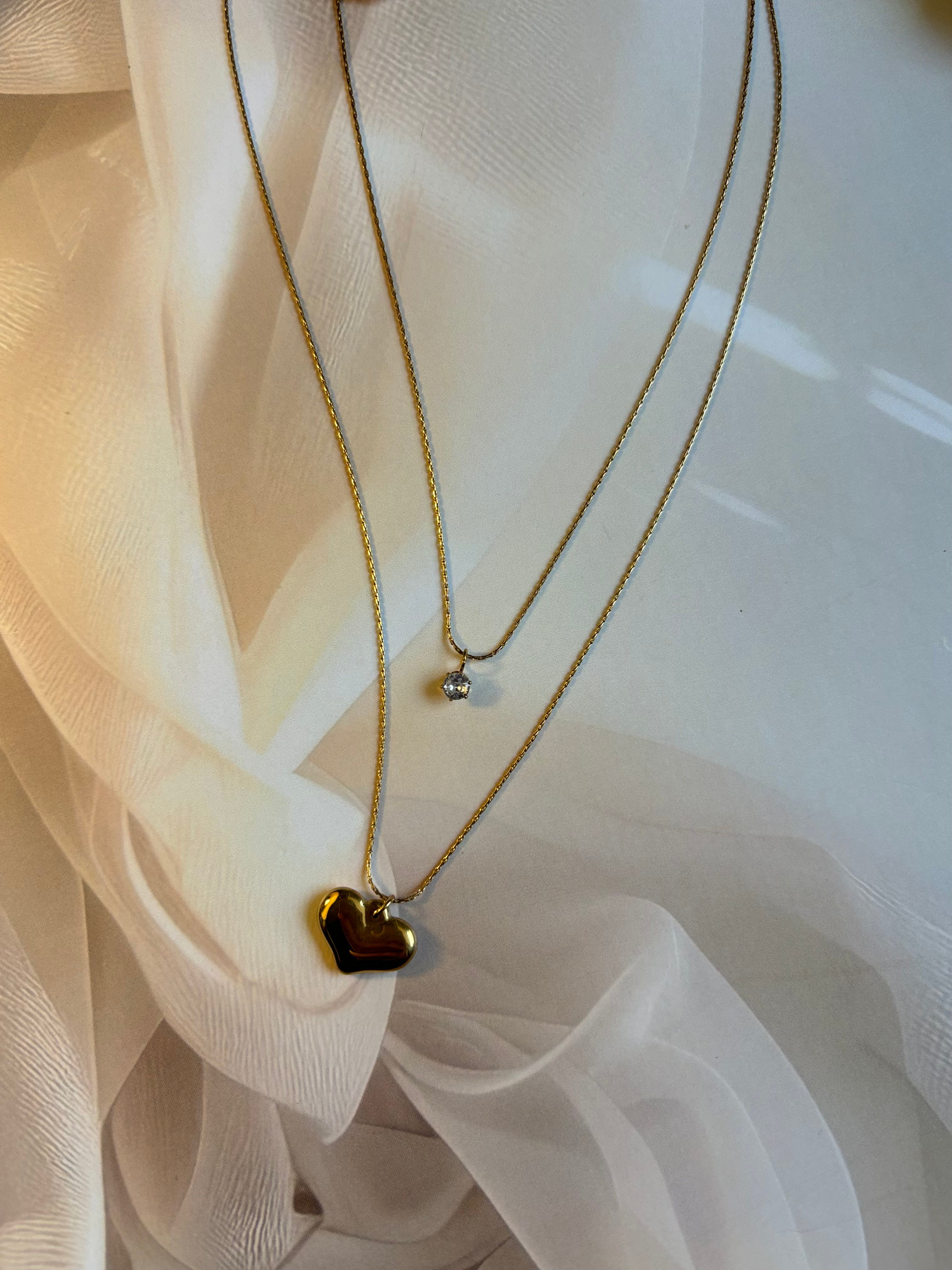 Golden Heart & Diamond Charm Necklace – Double Layer Design