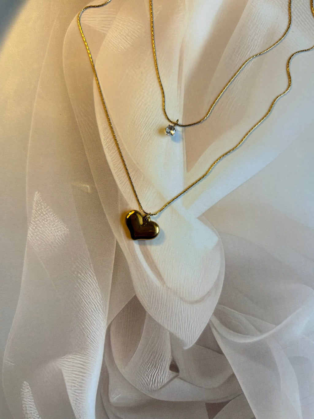 Golden Heart & Diamond Charm Necklace – Double Layer Design