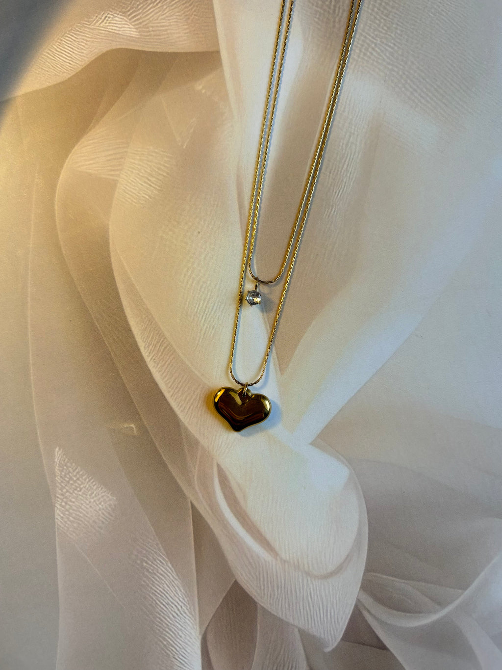 Golden Heart & Diamond Charm Necklace – Double Layer Design