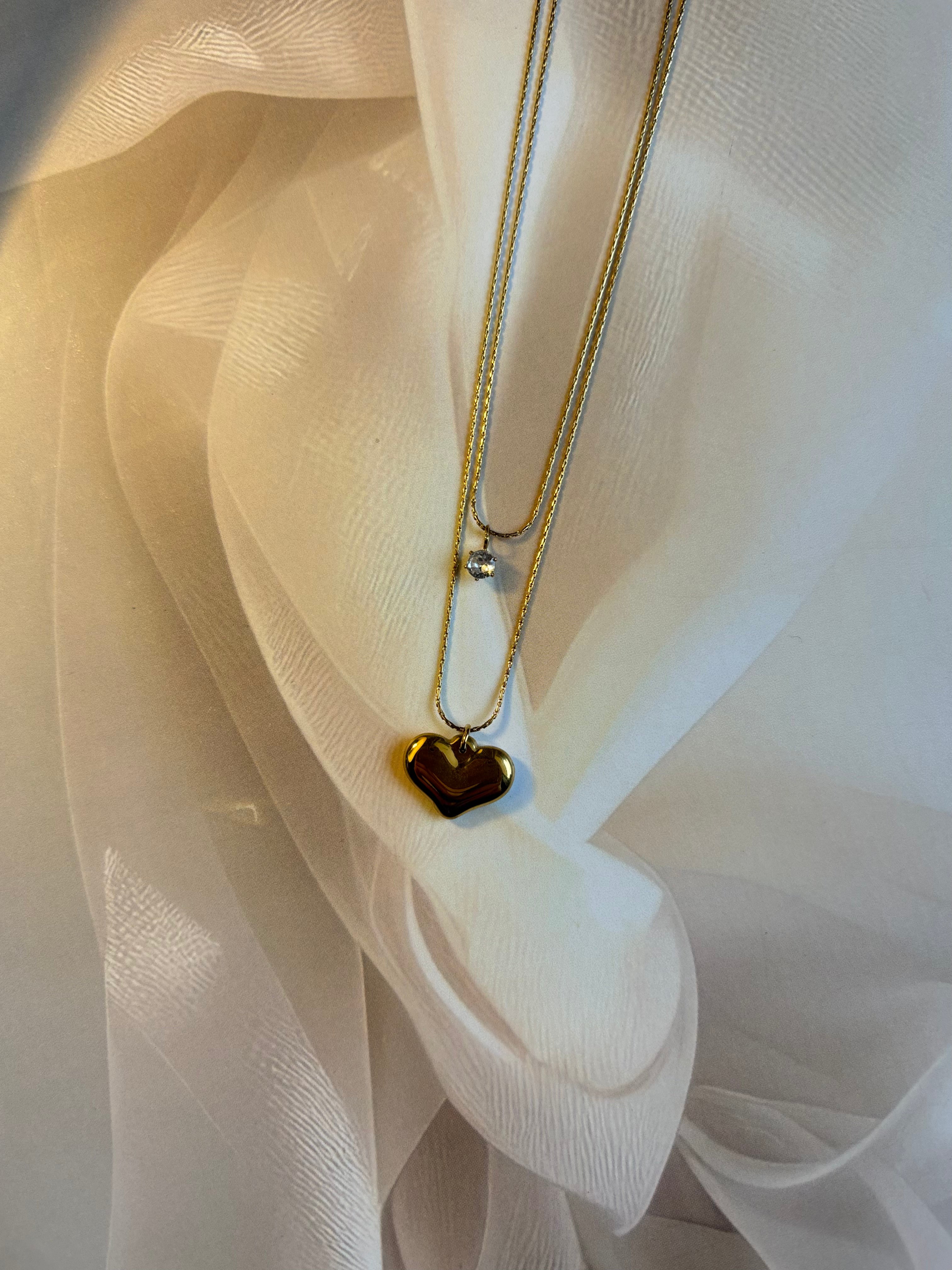 Golden Heart & Diamond Charm Necklace – Double Layer Design