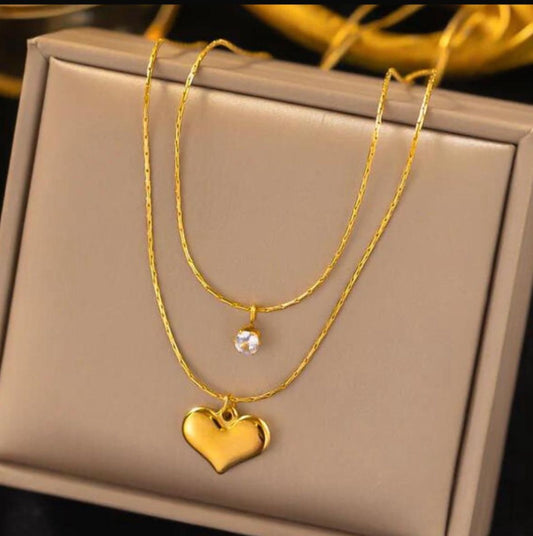 Golden Heart & Diamond Charm Necklace – Double Layer Design