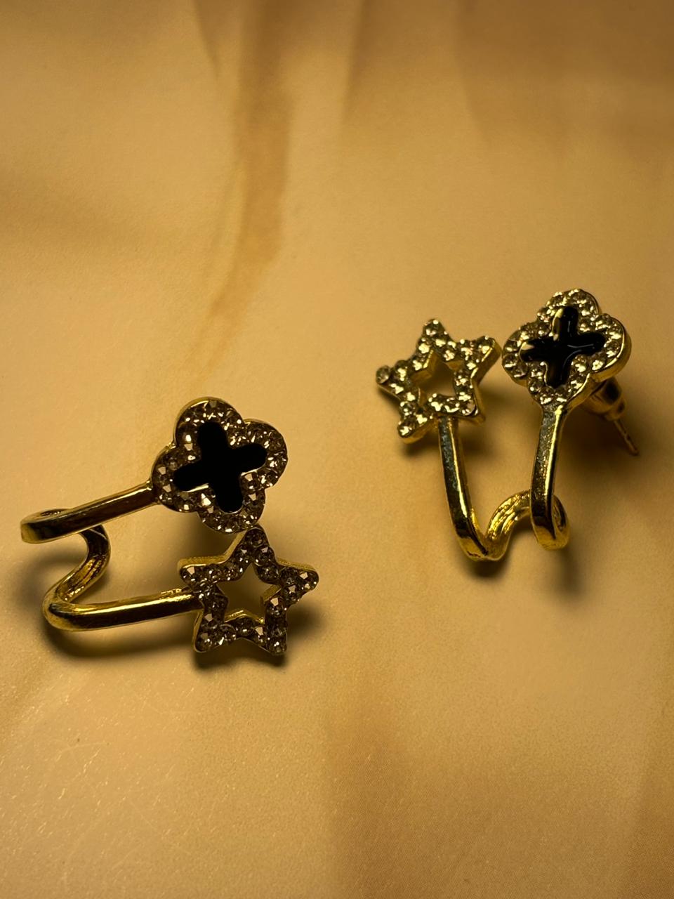 Clover & Star Dangler Ear Climber Earrings - Two-Piece Gold Tone Sparkle Cuff/Stud