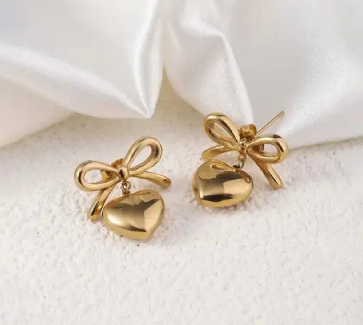 “Elegant Gold Bow & Heart Drop Earrings”