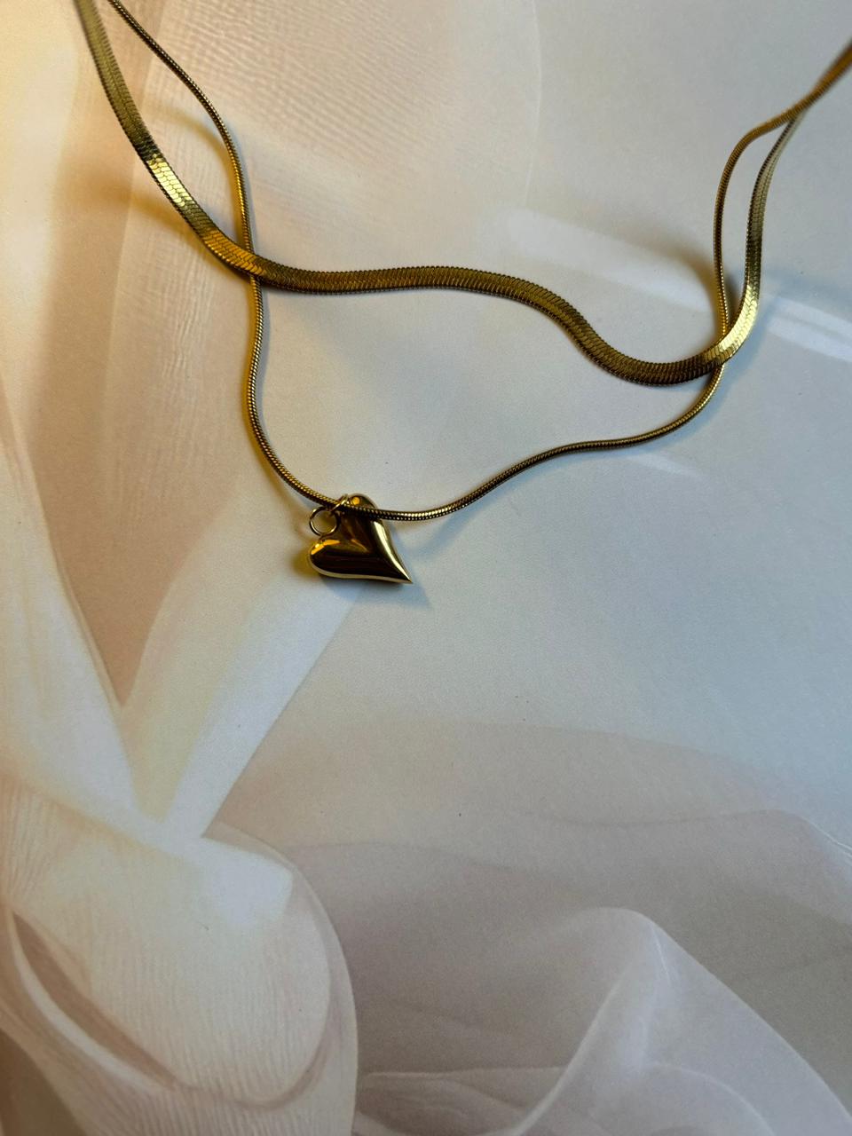 Double Layer Heart Pendant Snake Chain – Gold Finish Necklace