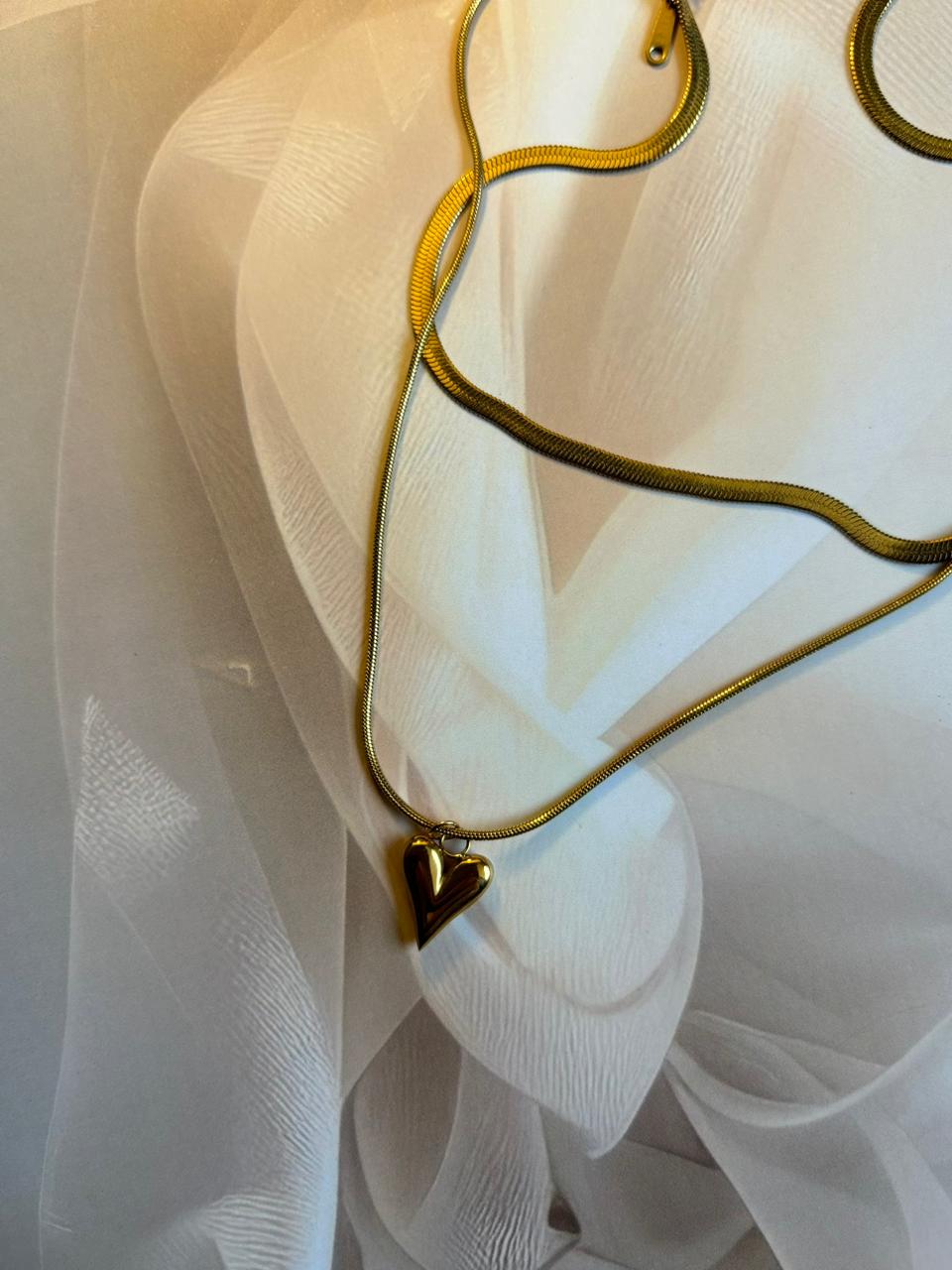 Double Layer Heart Pendant Snake Chain – Gold Finish Necklace