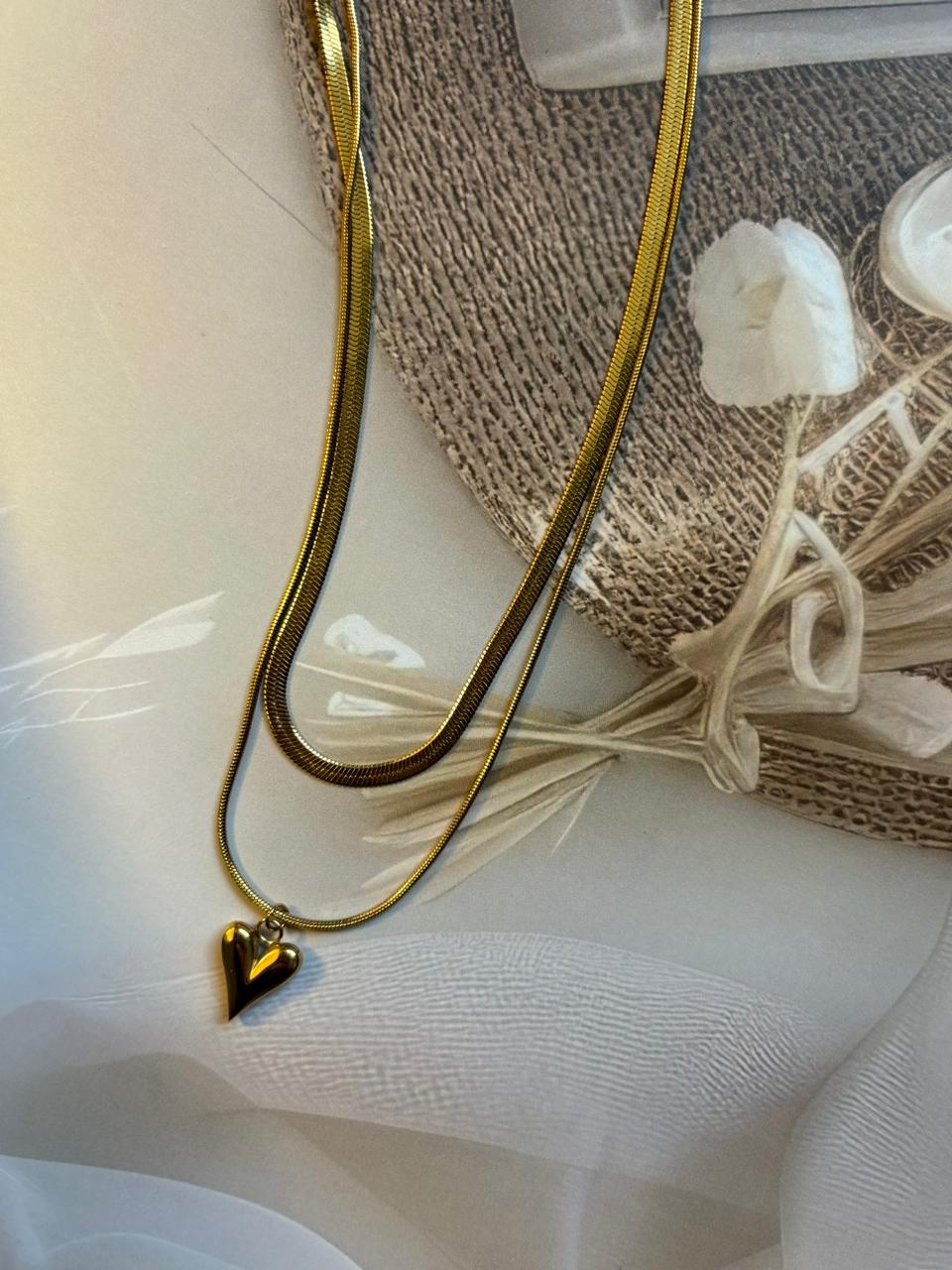 Double Layer Heart Pendant Snake Chain – Gold Finish Necklace