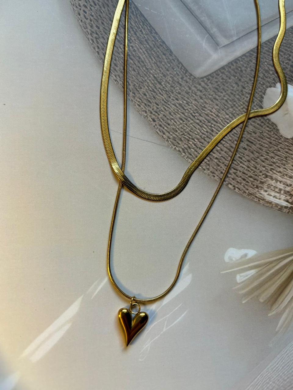 Double Layer Heart Pendant Snake Chain – Gold Finish Necklace
