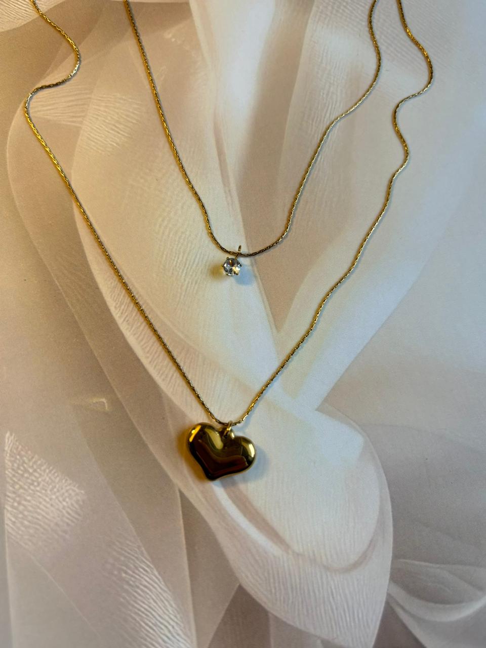 Golden Heart & Diamond Charm Necklace – Double Layer Design