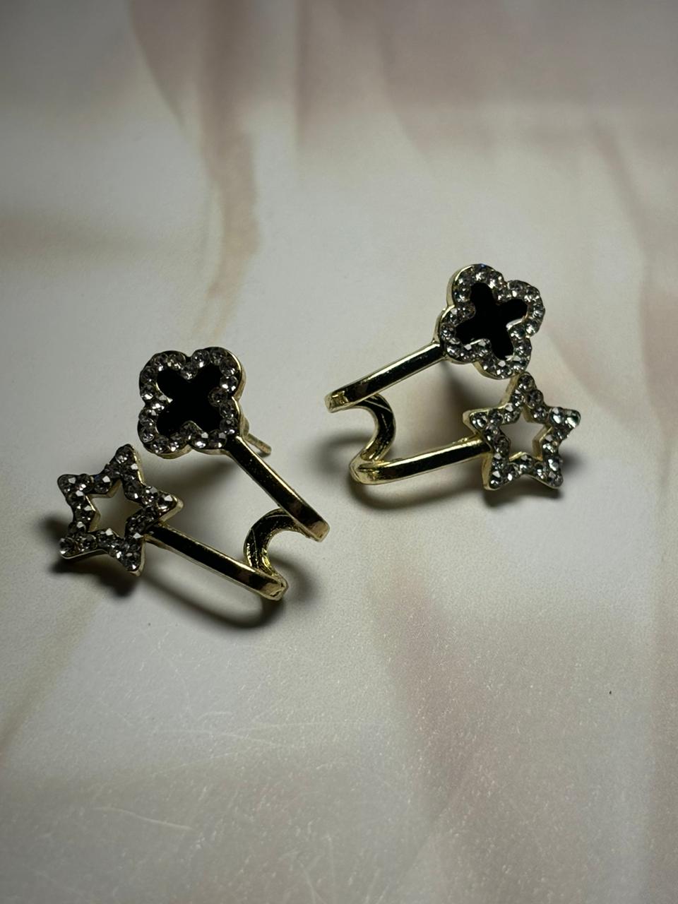Clover & Star Dangler Ear Climber Earrings - Two-Piece Gold Tone Sparkle Cuff/Stud
