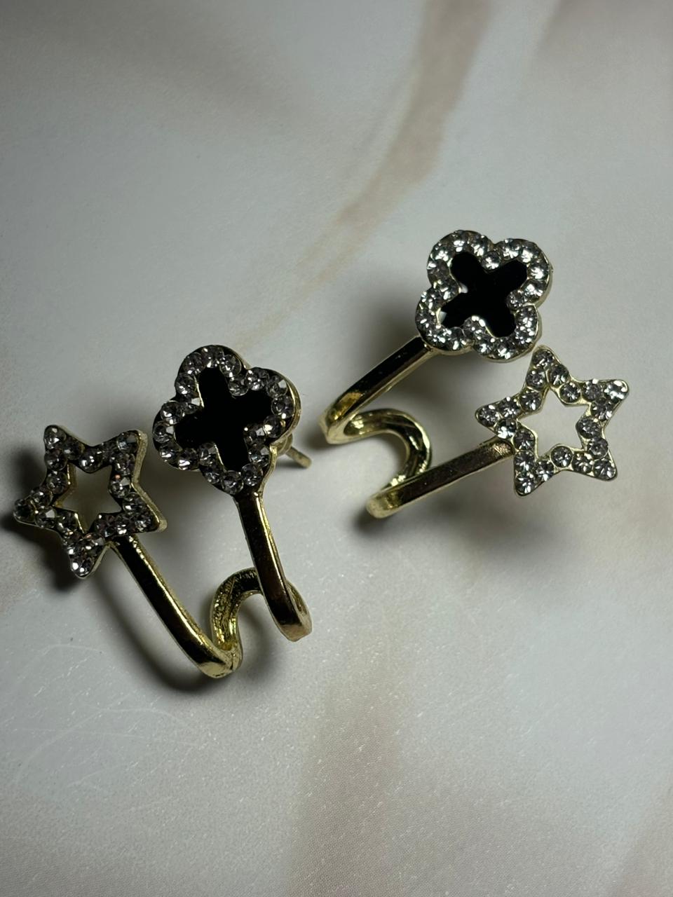 Clover & Star Dangler Ear Climber Earrings - Two-Piece Gold Tone Sparkle Cuff/Stud