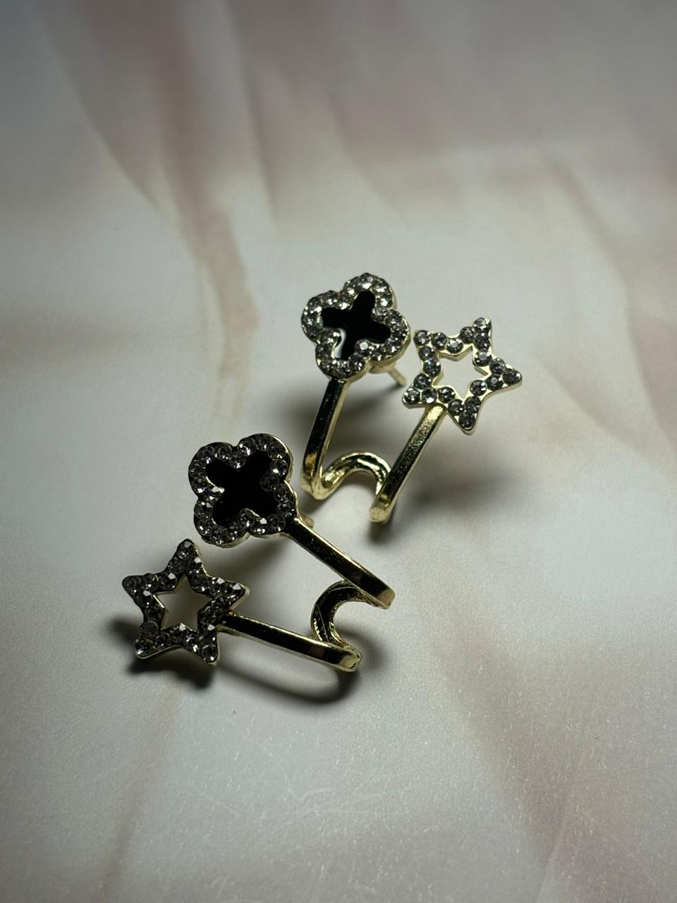 Clover & Star Dangler Ear Climber Earrings - Two-Piece Gold Tone Sparkle Cuff/Stud