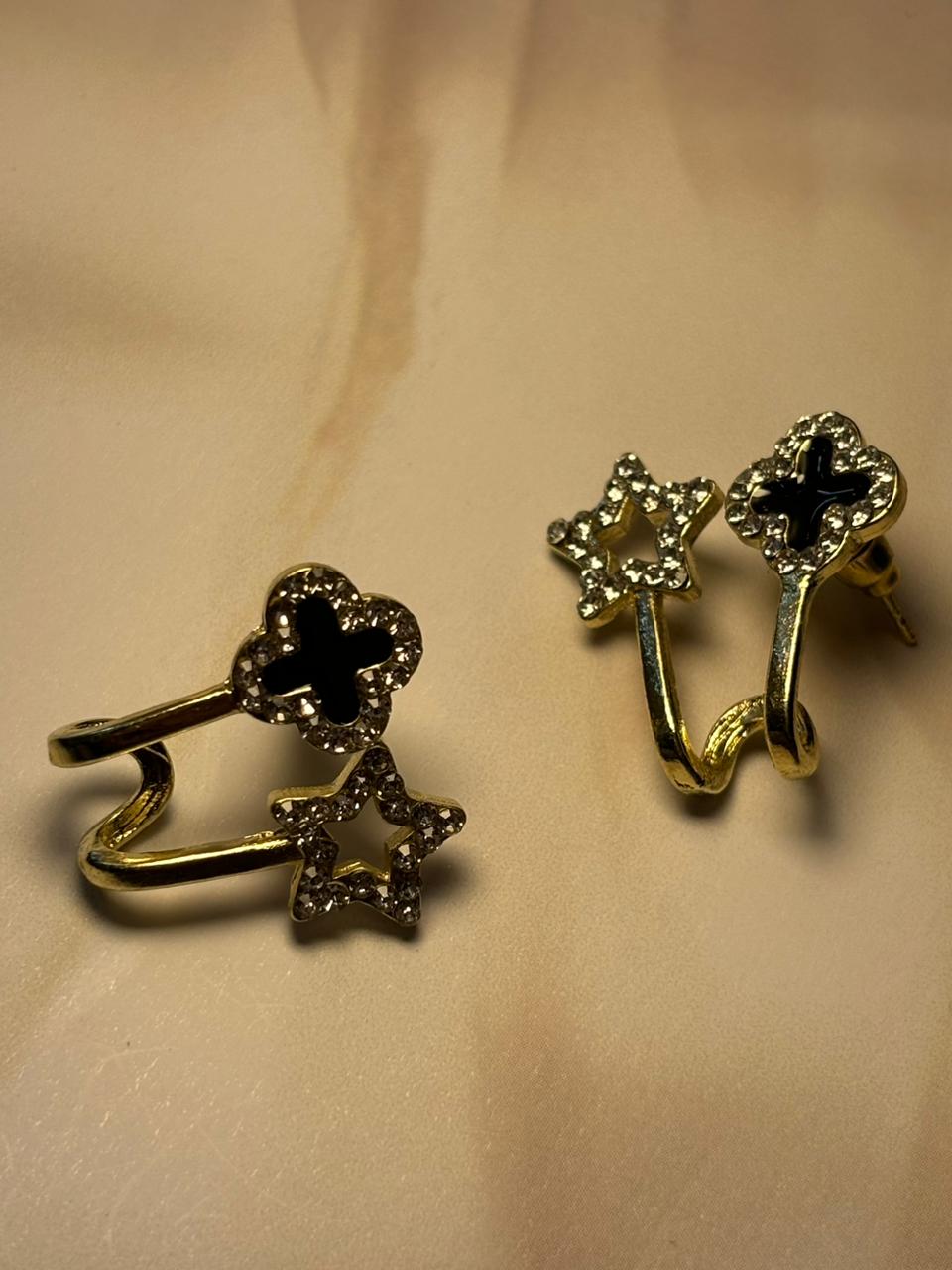Clover & Star Dangler Ear Climber Earrings - Two-Piece Gold Tone Sparkle Cuff/Stud
